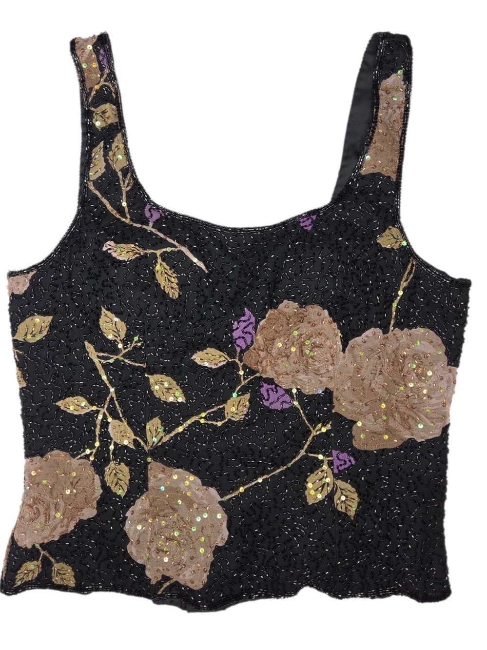 Vintage Floral Fully Beaded 100% Silk Cropped Tank Top Large Andretta Donatello